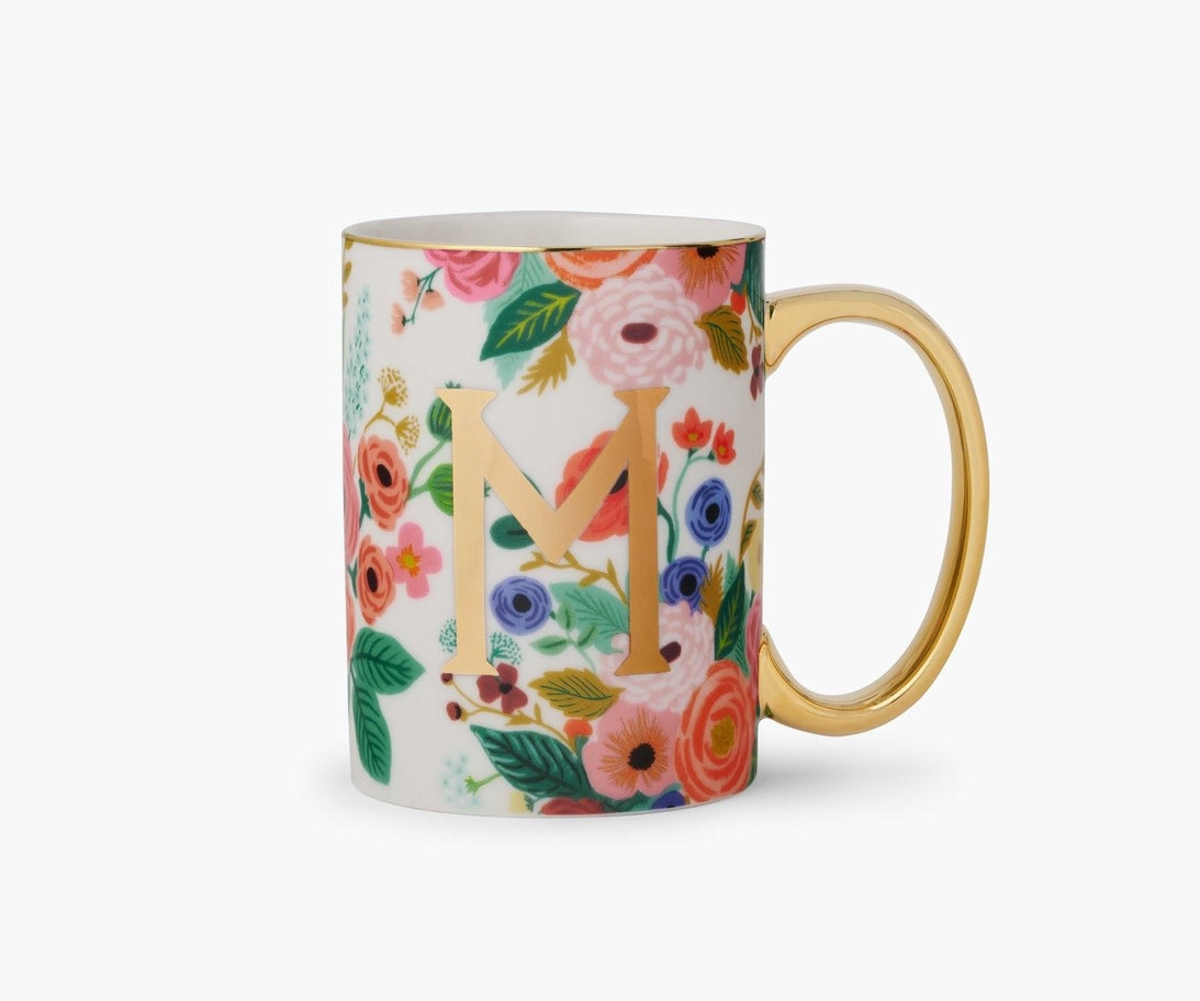Porcelain mug with Garden Party floral illustration, gold monogram, gilded rim and handle