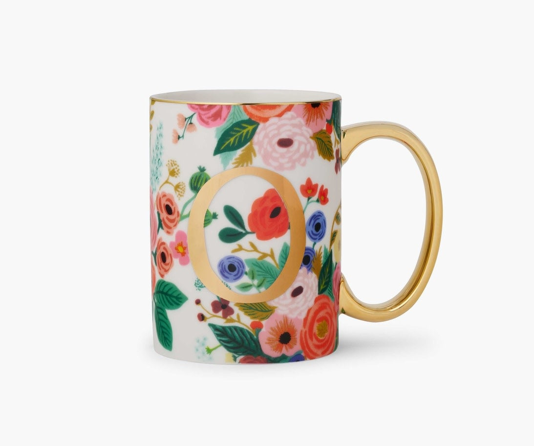 White porcelain mug with illustrated garden party scene, gold monogram, gilded rim and handle