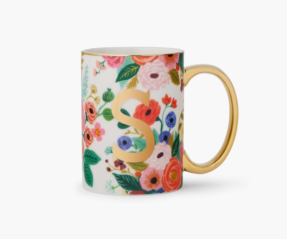 Porcelain mug with Garden Party floral illustration, gold monogram, gilded rim and handle