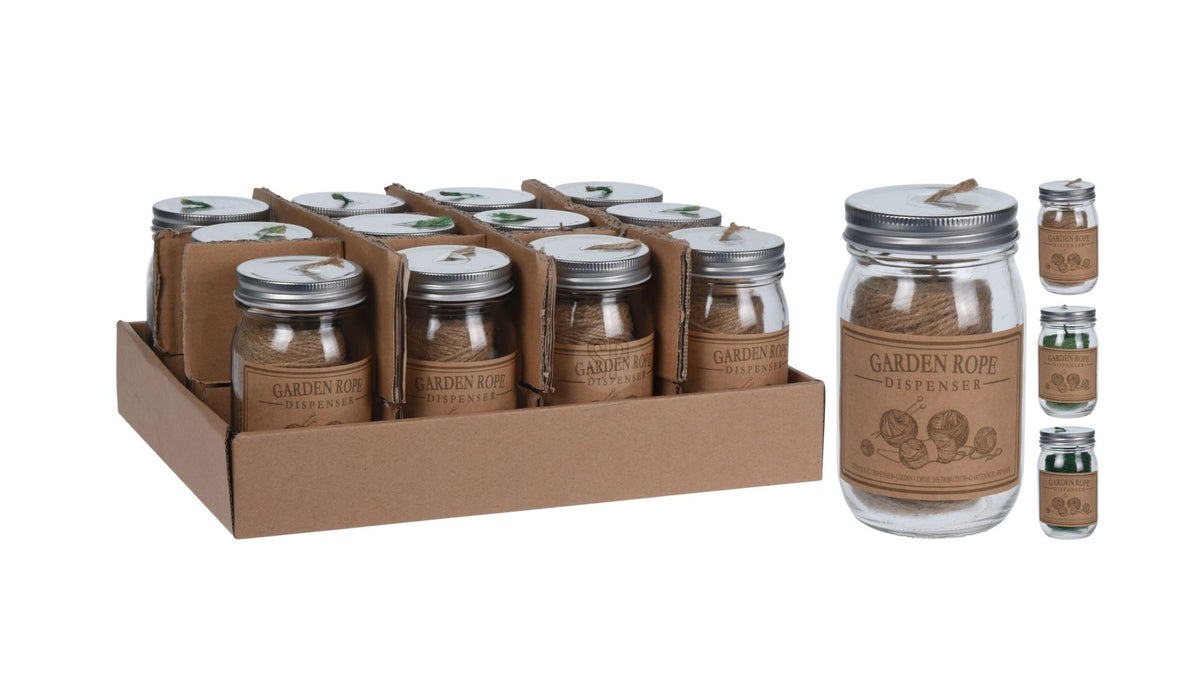 Glass jar containing 50 meters of natural twine rope with dimensions 12 x 30 cm.