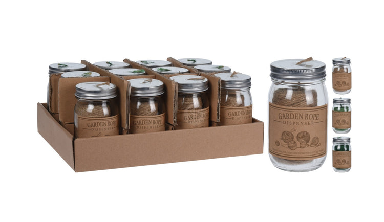 Glass jar containing 50 meters of natural twine rope with dimensions 12 x 30 cm.