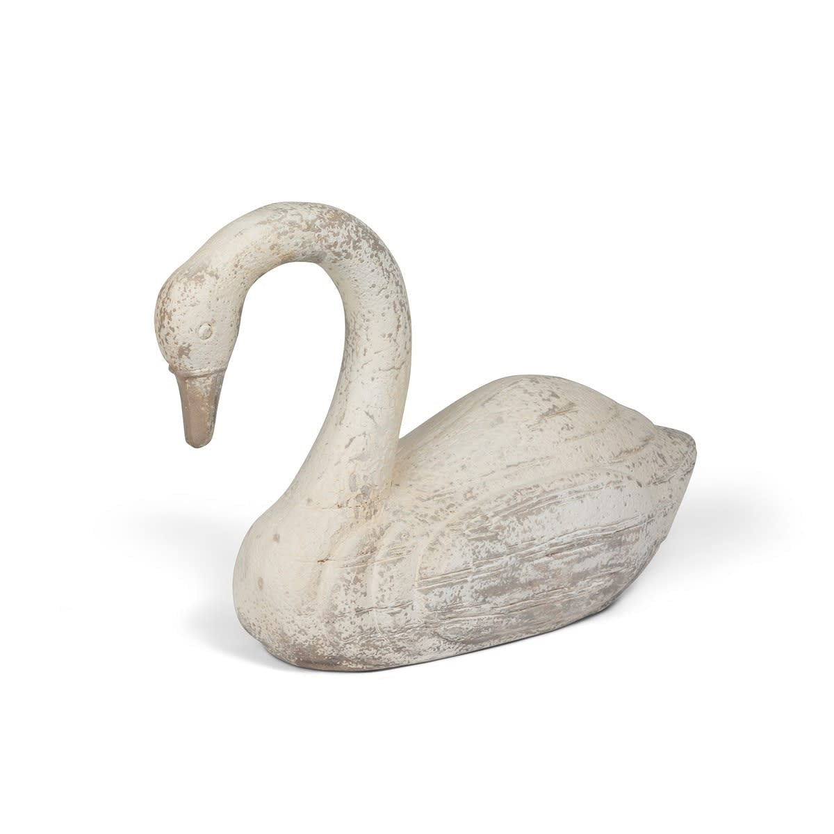 White garden swan sculpture with classic curved neck standing on a flat base.