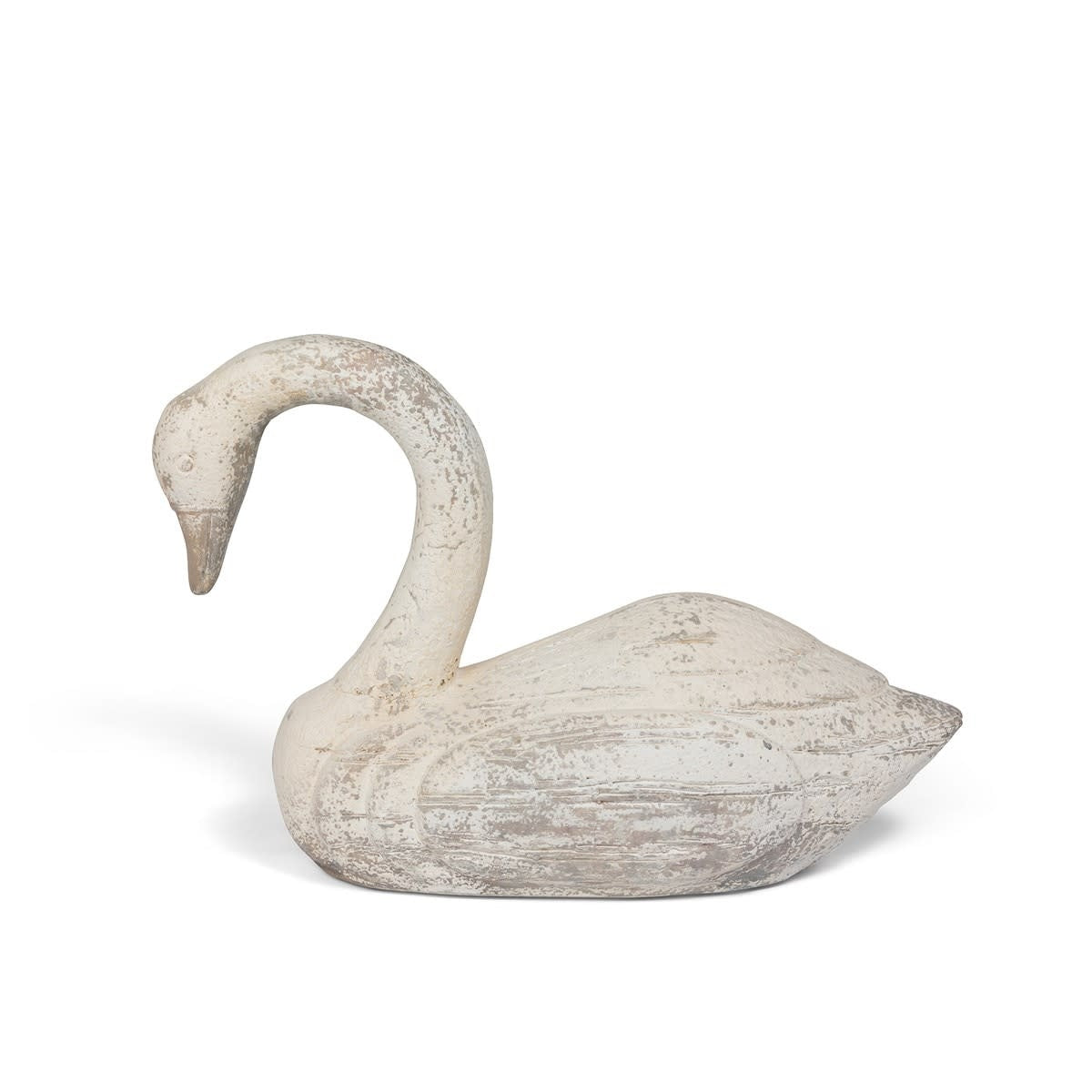 White magnesium oxide garden swan sculpture with classic curved neck standing on flat base
