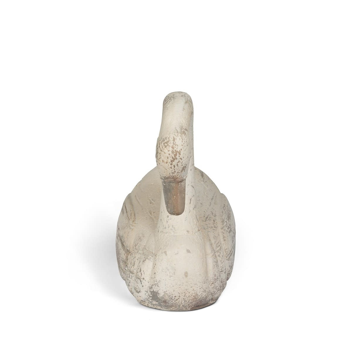 White magnesium oxide garden swan sculpture with classic curved neck standing on a flat base.