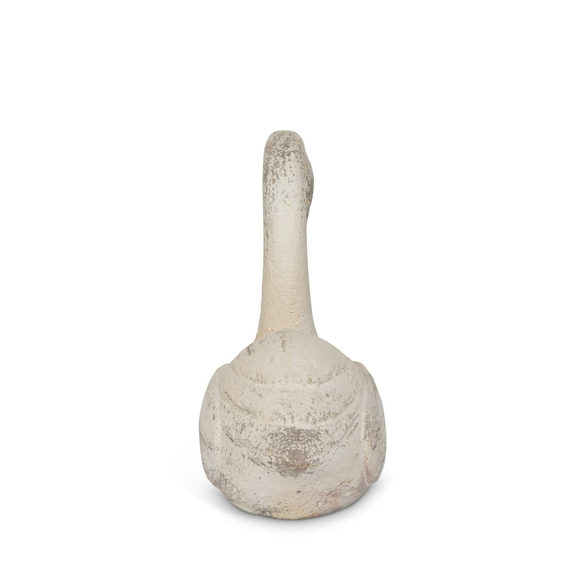 White garden swan sculpture with classic curved neck standing on a flat base.