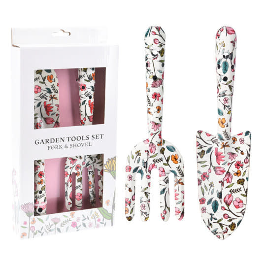 White garden tool set with colorful flower patterns on handles