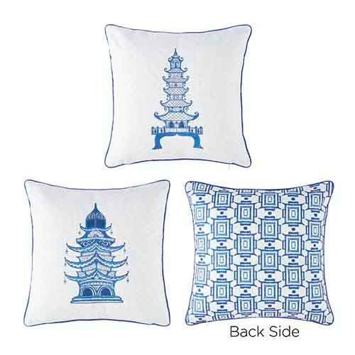 Blue pagoda-patterned embroidered back cover made of polyester and linen