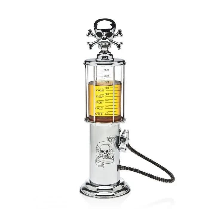 Silver acrylic skull-shaped gas pump liquor dispenser with black accents