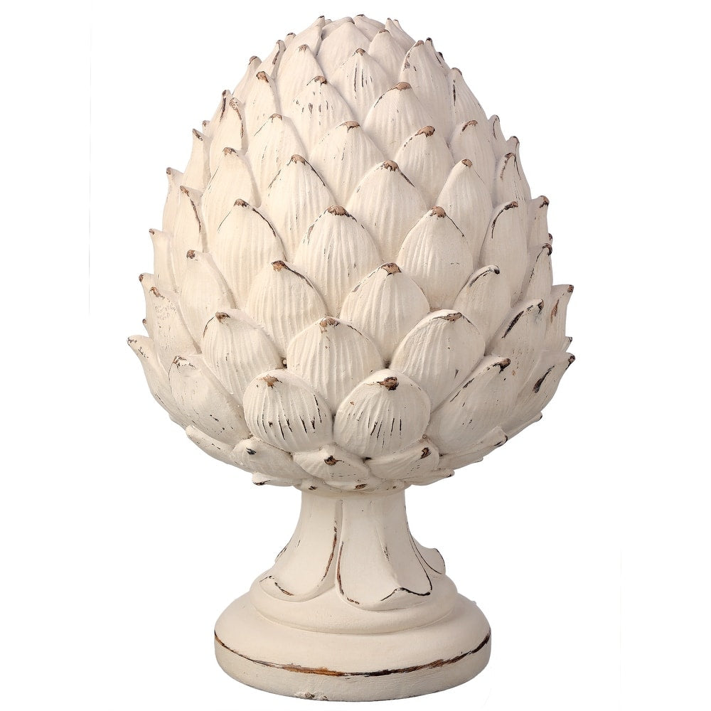 Resin pedestal shaped like a weathered artichoke with textured stone-like finish in neutral tones.