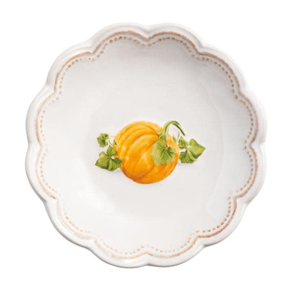 Set of three nested stoneware dipping bowls with scallop rims in pumpkin color.