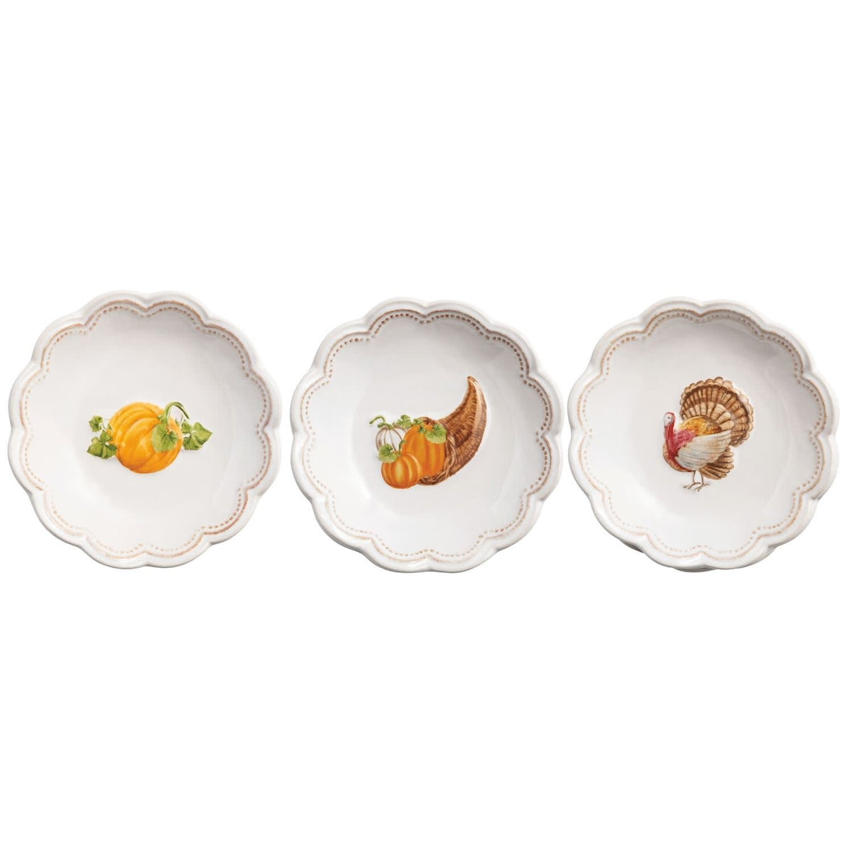 Nested set of three beige stoneware dipping bowls with elegant scallop rims.