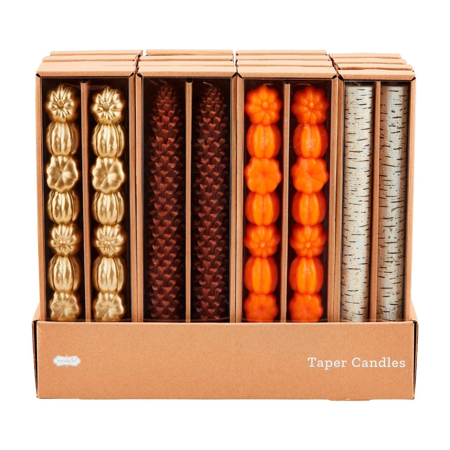 Set of two ten-inch taper candles in a neutral gather style.