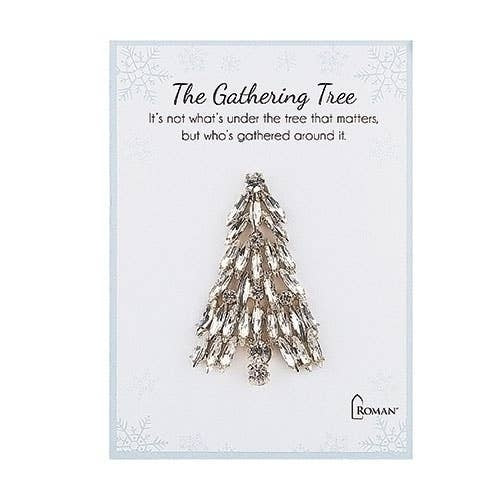 Two small wooden tree-shaped pins with green leaf accents on a white background.