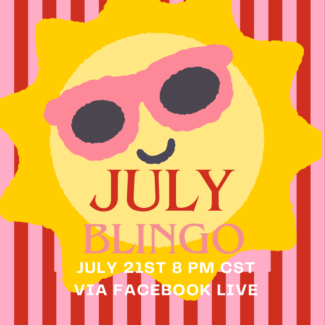 July BLINGO event flyer with a smiling sun in sunglasses on a red and pink striped background.