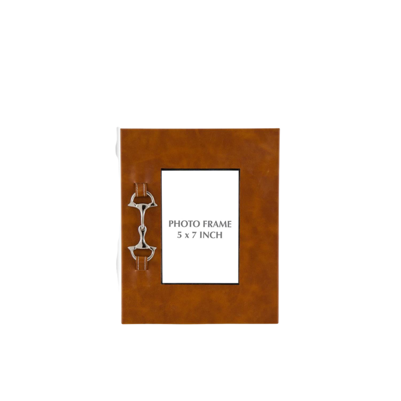 Tan leather photo frame with a silver horse bit accent on the left side, fits a 5x7 inch photo.