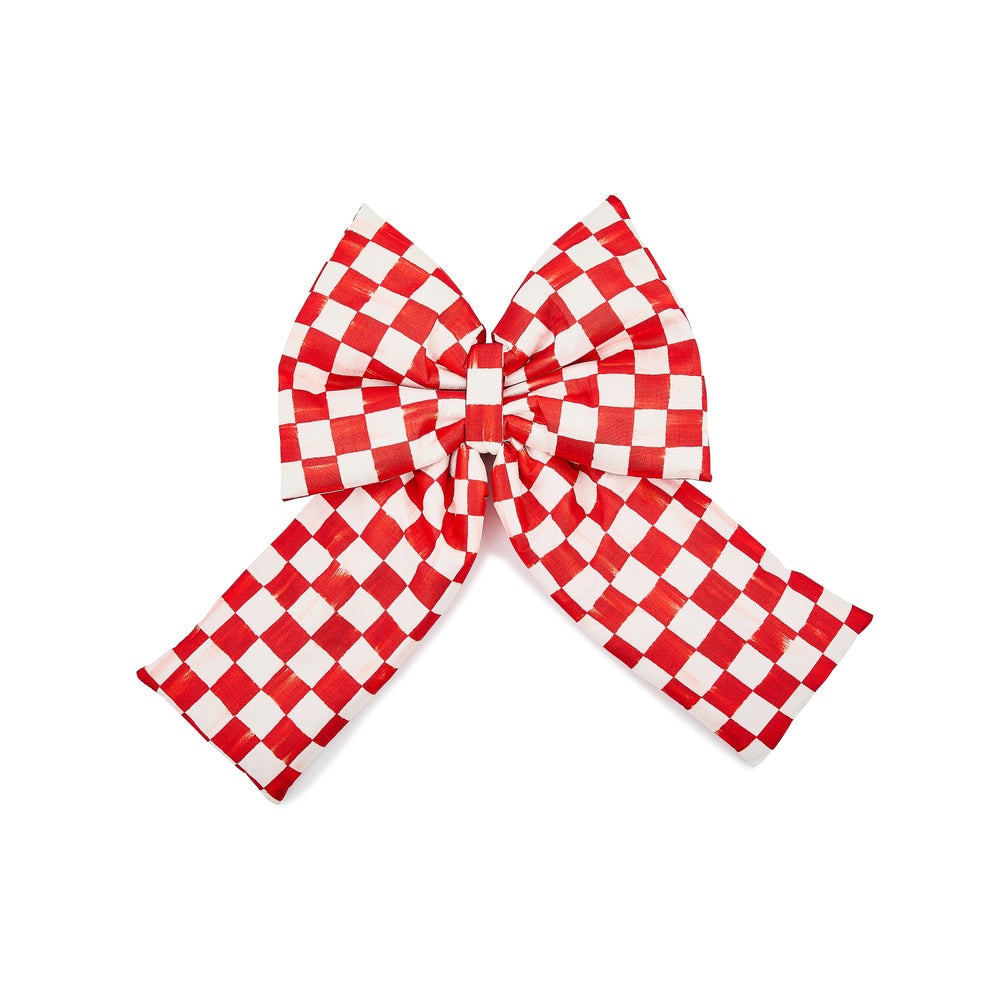 Red polyester check bow decoration with a central knot.