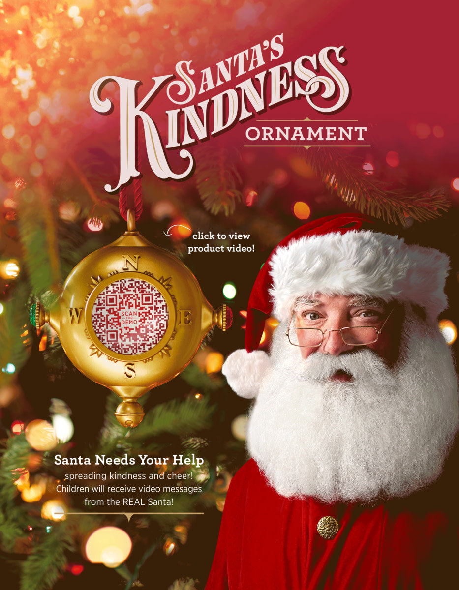 Santa's Kindness Ornament, a gold compass-style ornament with a QR code, held by Santa Claus.