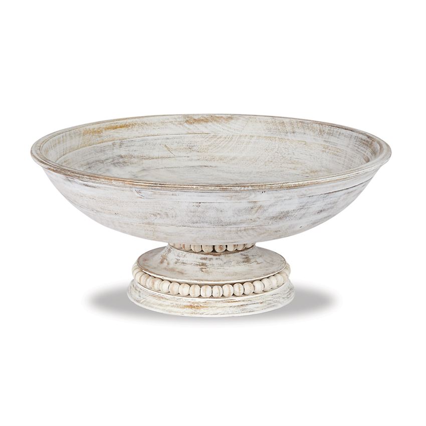 Distressed white beaded mango wood pedestal bowl with a wide basin and decorative bead trim.