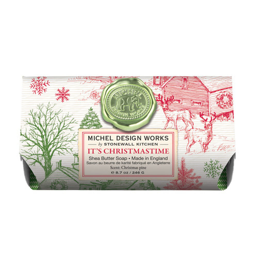 Michel Design Works It's Christmastime shea butter soap bar with festive red and green winter art.