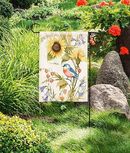 Garden flag with a watercolor painting of a bluebird perched on a branch with sunflowers and bluebells.