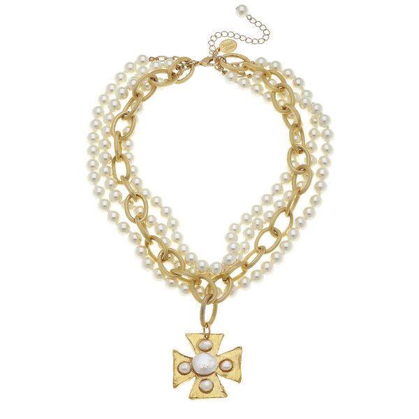 Triple-plated gold multi-strand glass pearl necklace featuring a Maltese cross pendant and handset coin pearls on an 16-inch chain.
