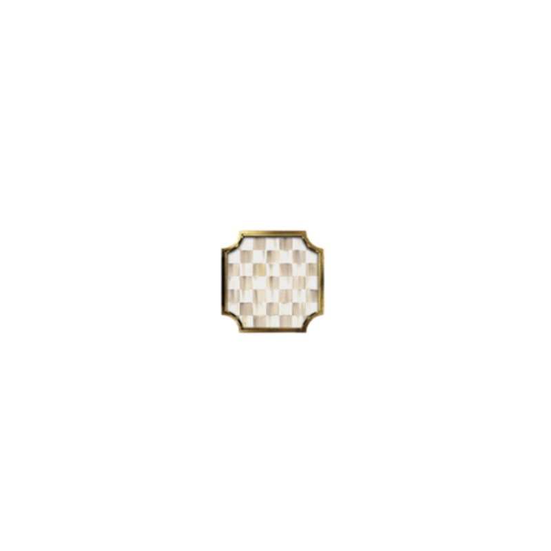 Square stackable trinket tray with a checkered pattern and gold leaf gallery edges.