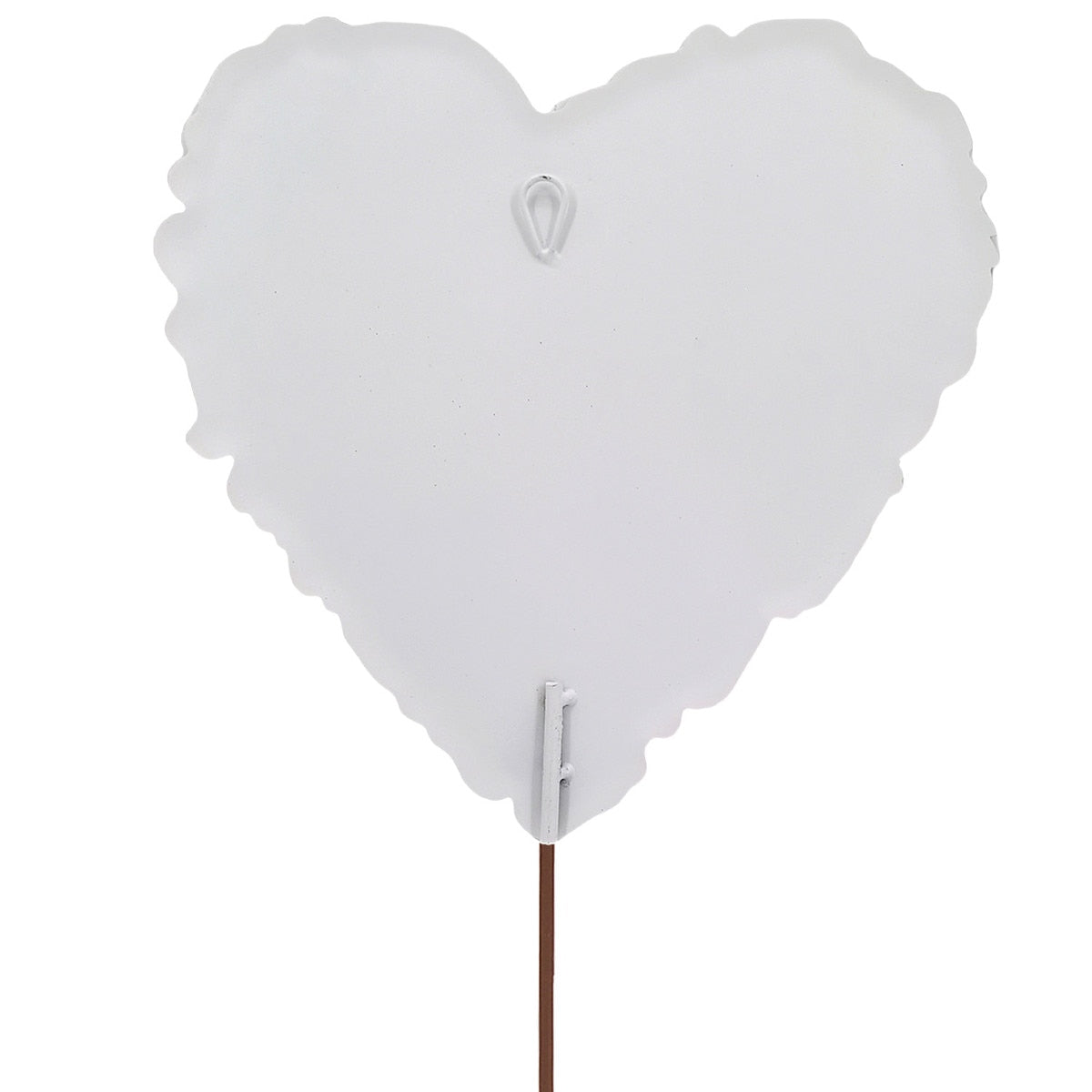 Heart-shaped Gallery Flower Chinoiserie collage stake in white with black floral patterns.
