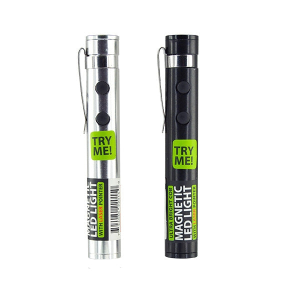 Mini metal cob flashlight with integrated laser pointer in silver finish