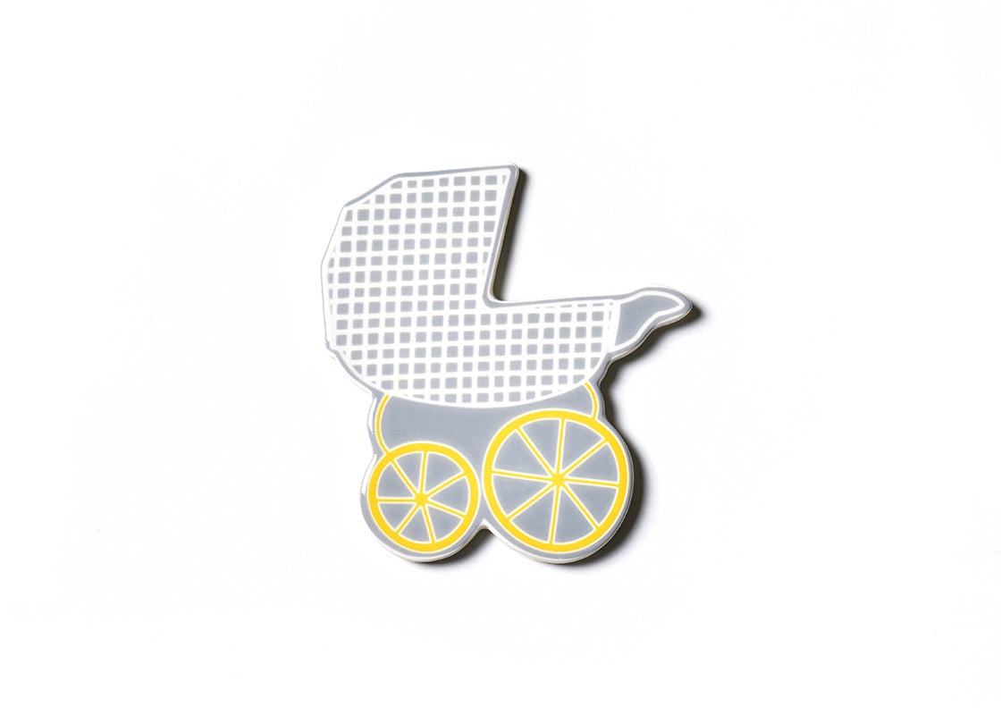 Baby carriage mini attachment with Velcro fastening in natural wood finish.