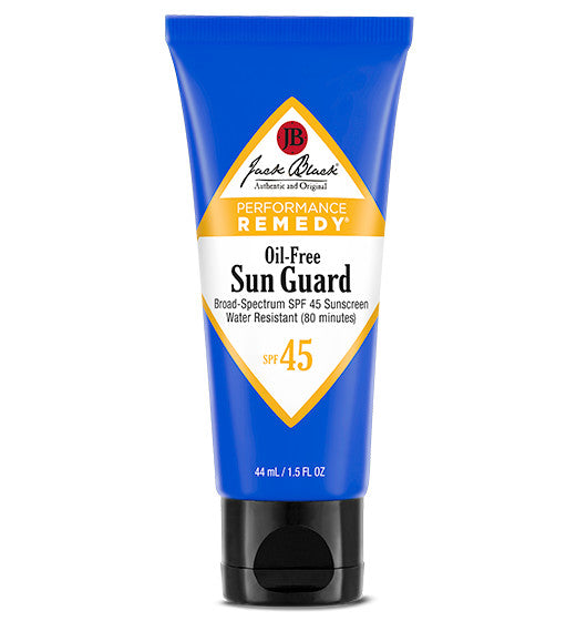 Jack Black Oil-Free Sun Guard SPF 45 Sunscreen in a 1.5 fl oz blue tube with a black flip-top cap.