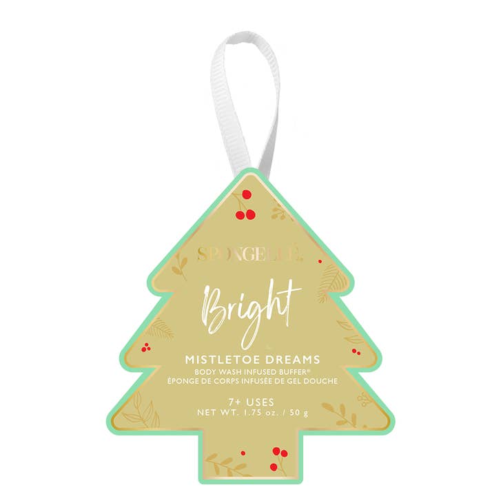 Christmas tree shaped body wash infused buffer, gold with green trim, "Bright" text, mistletoe design, 7+ uses.