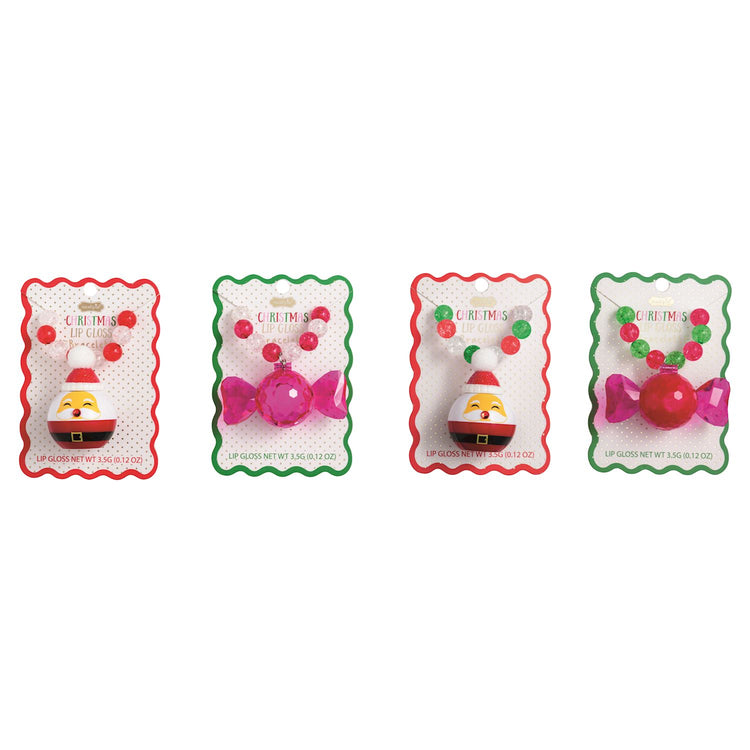 Four Christmas lip gloss bracelets featuring Santa and candy charms on beaded stretchy bands.