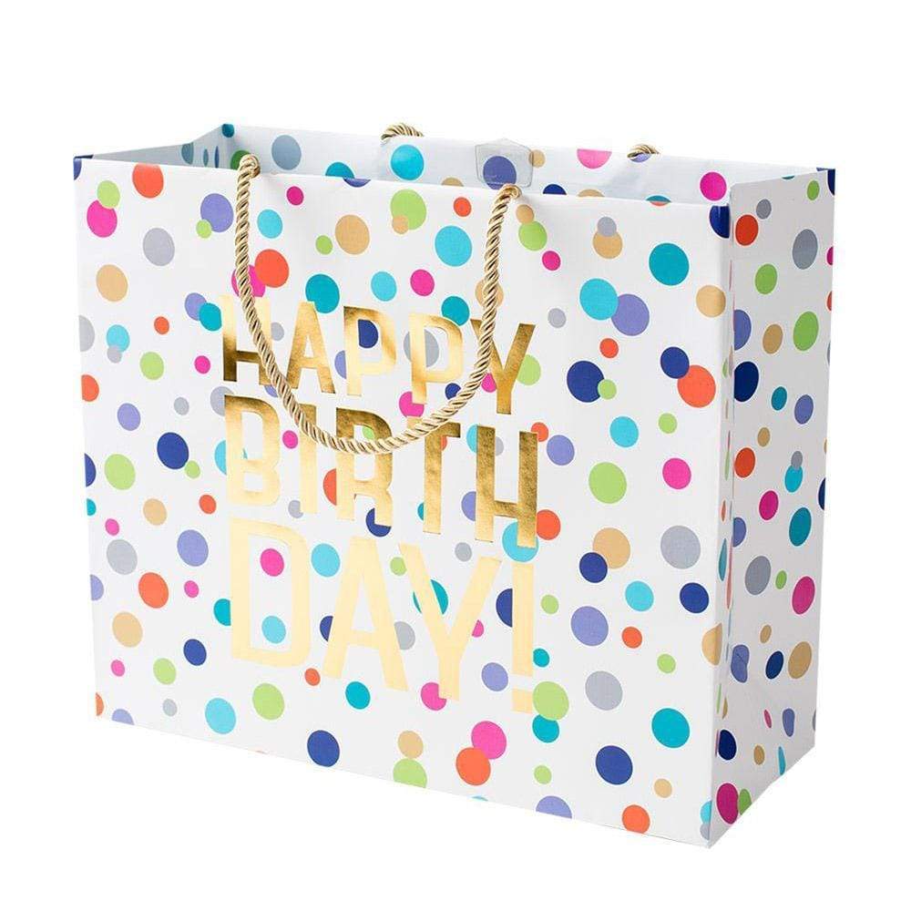 Large horizontal gift bag with cheerful colorful prints on durable paper featuring strong handles.