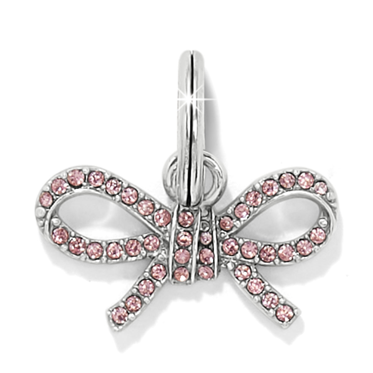Silver-plated bow charm with pink fine quality crystals measuring seven-eighths inch wide.