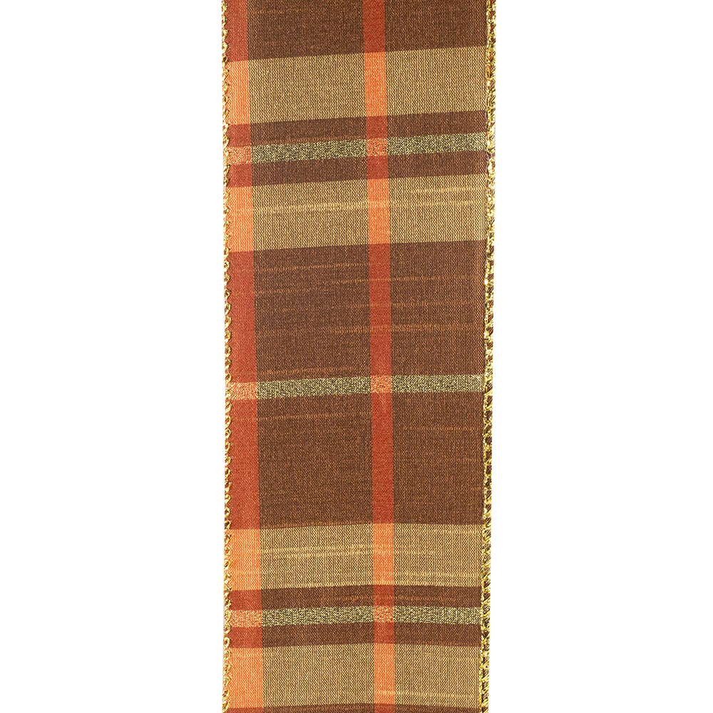 Plaid Mary Dupioni metallic wired edge ribbon in brown, orange, and gold tones.