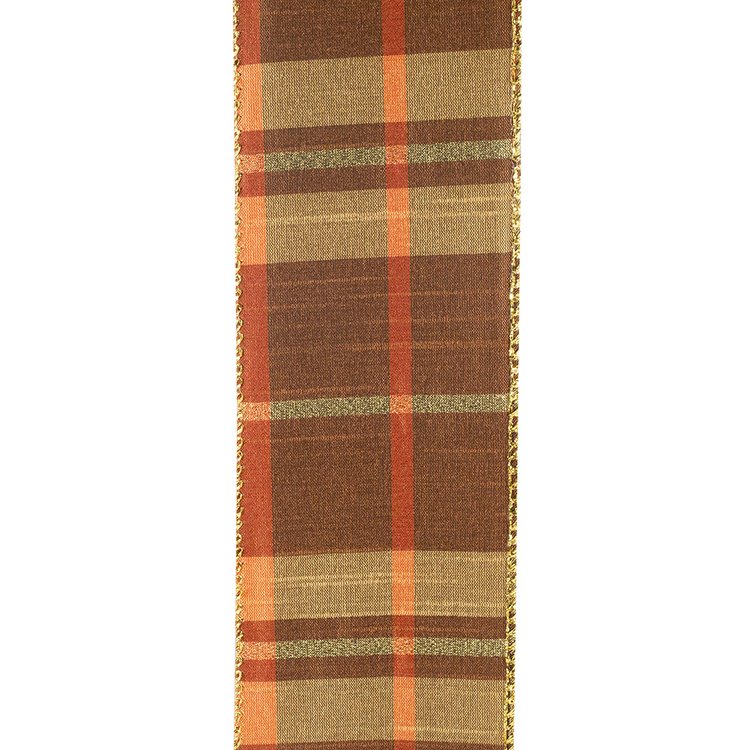 Plaid Mary Dupioni metallic wired edge ribbon in brown, orange, and gold tones.