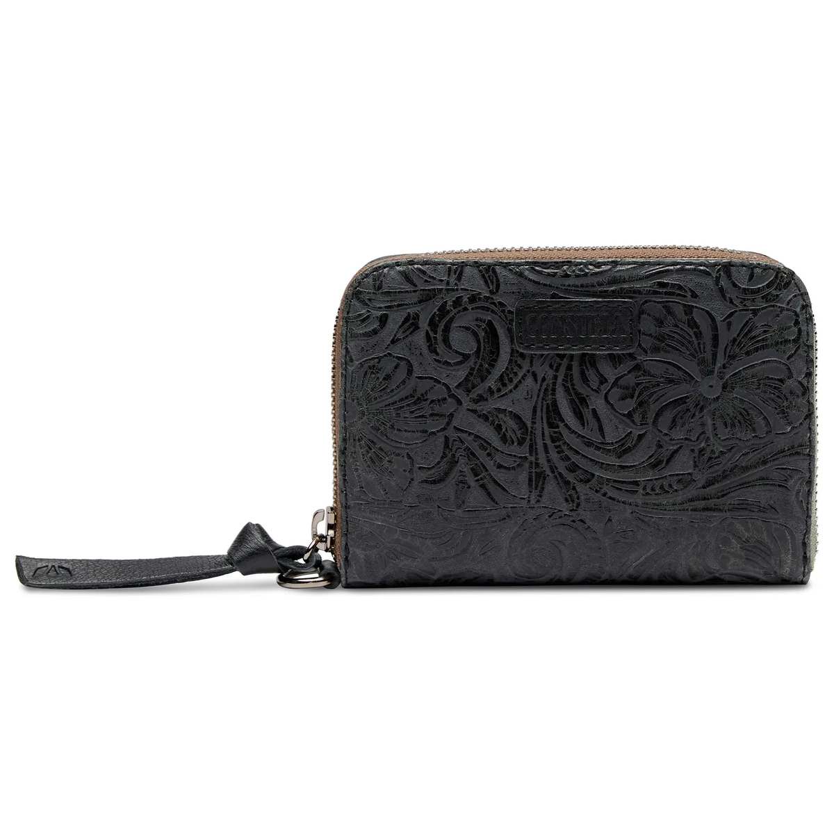Steely tooled leather zippy wallet with an all-around zipper and black leather pull tab.