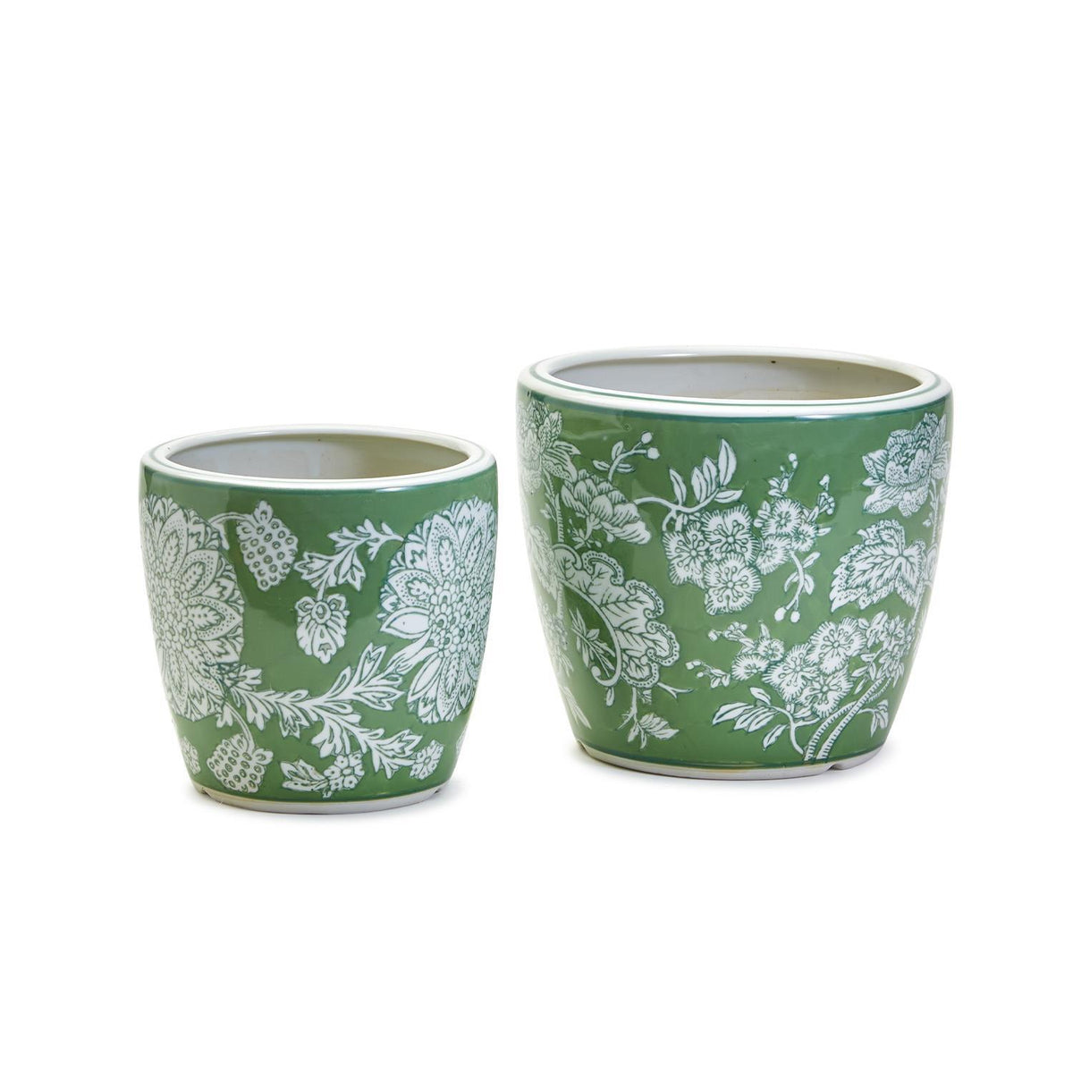 Two green porcelain Countryside hand-painted cachepots with white floral patterns in two sizes.