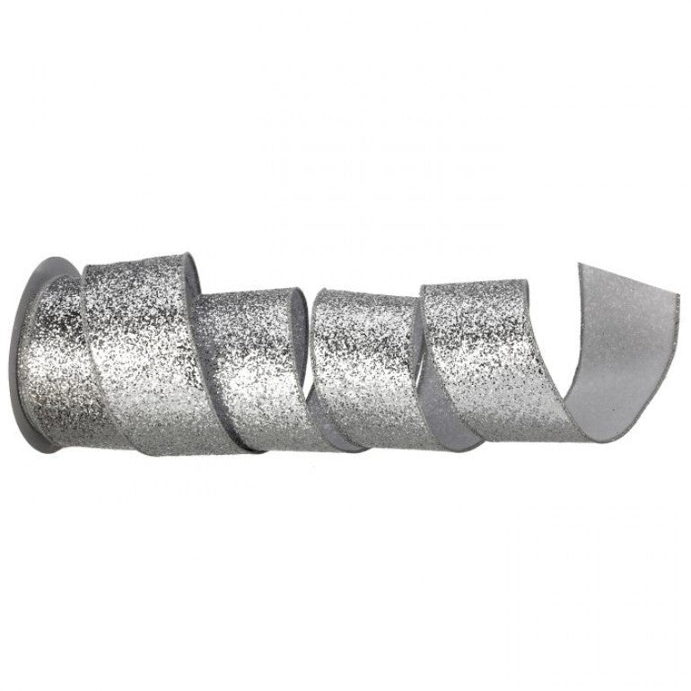 2.5 inch by 10 yard silver shimmer glitter wired ribbon coiled on a white background.
