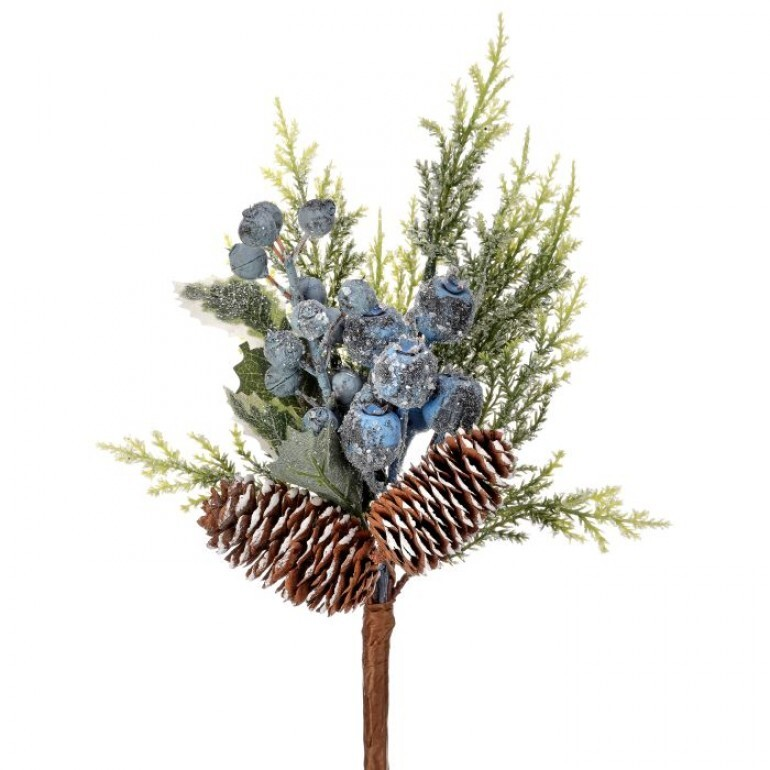14 inch beaded blue berry, cedar, and pine cone pick with a frosted finish.