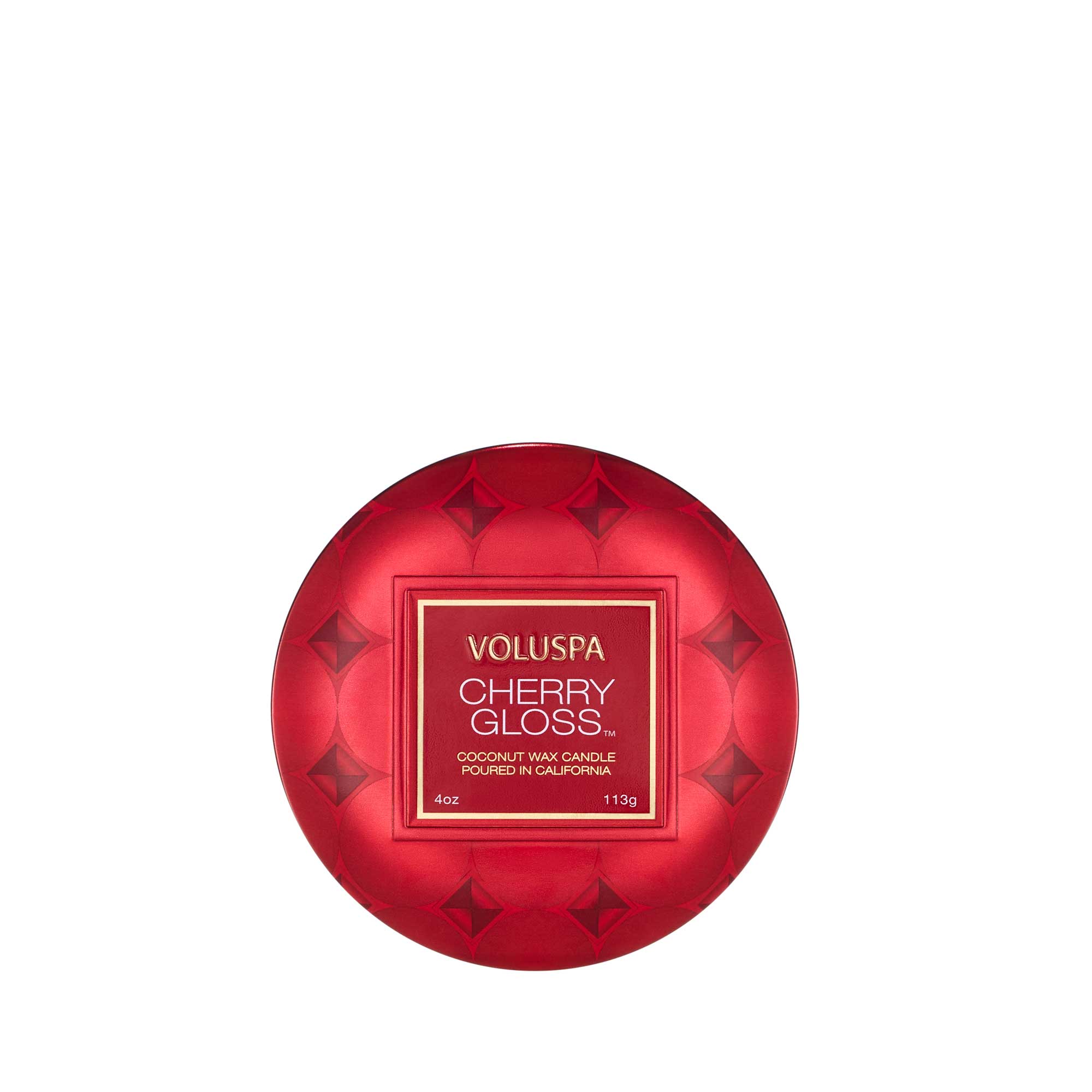 Cherry Gloss Mini Tin candle in a small rectangular glass jar with a cherry-colored wax surface and white wick.