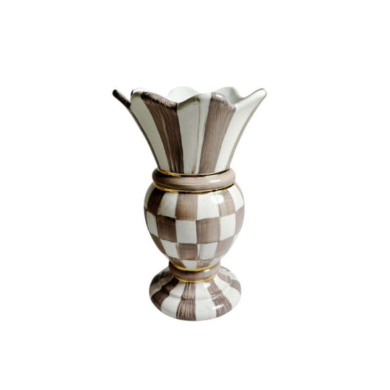 Mocha Check Small Great Vase with hand-painted brown and white checks, stripes, and gold accents.