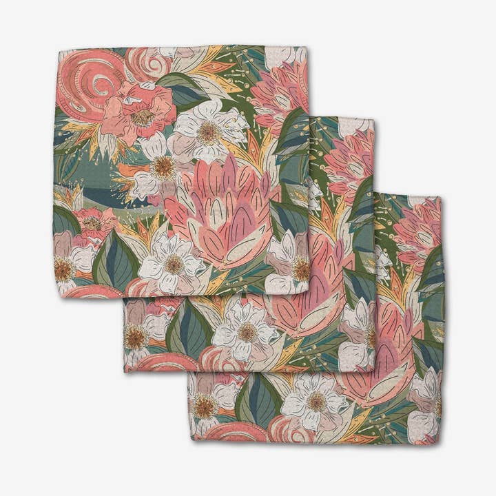Set of three waffle weave dishcloths in recycled polyester with single-sided prints and hang loops.