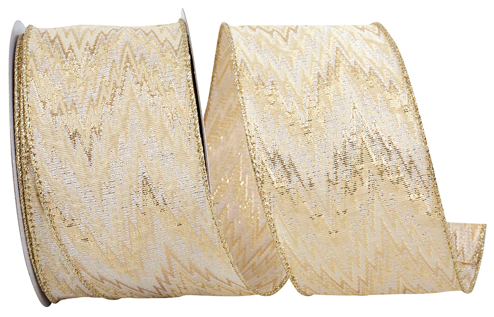 Ivory and gold zig-zag woven ribbon with a wired edge.