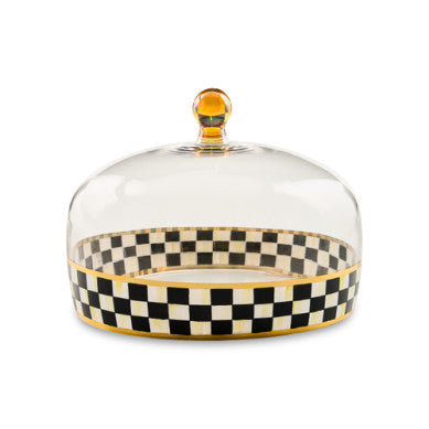 Hand-painted glass cake dome with gold lustre embellishment in a courtly check pattern.