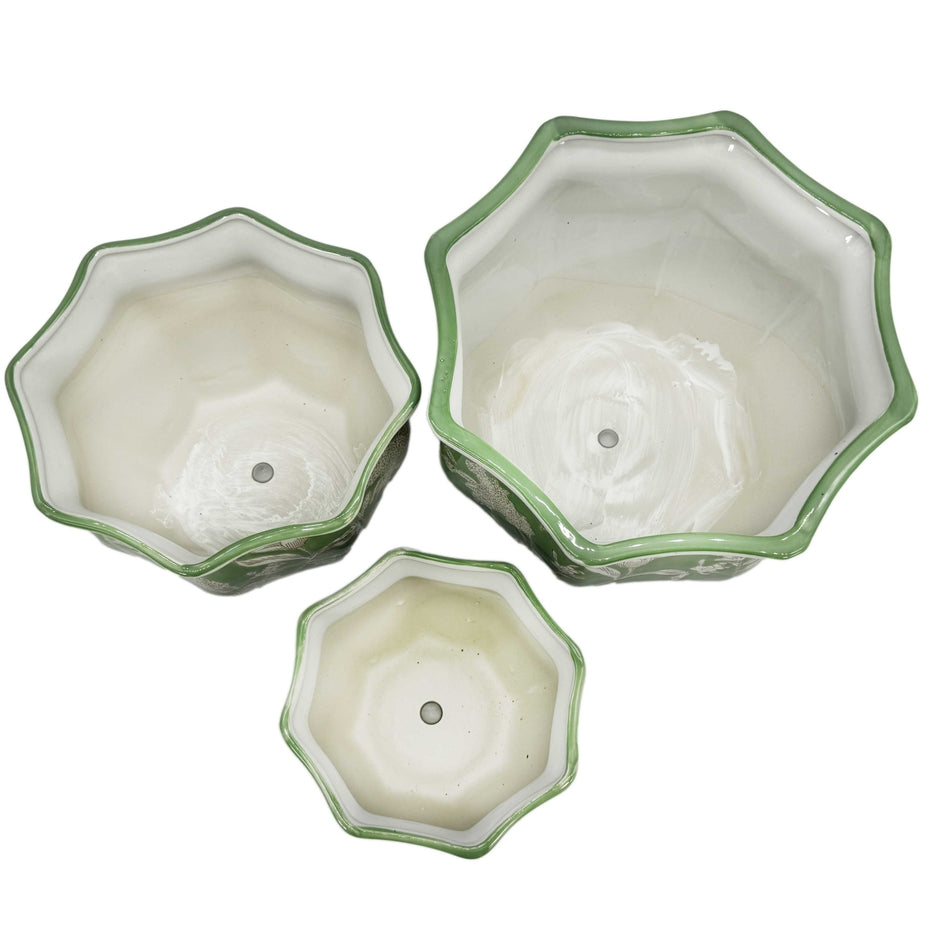 Ceramic Chinoiserie Planter Pot Green & White - Sold Individually