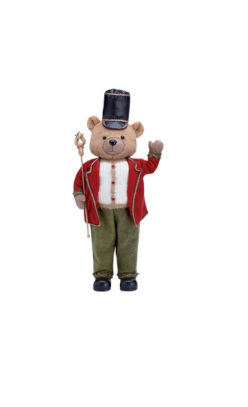 Plush bear nutcracker in a red jacket, green pants, and black hat holding a gold scepter.