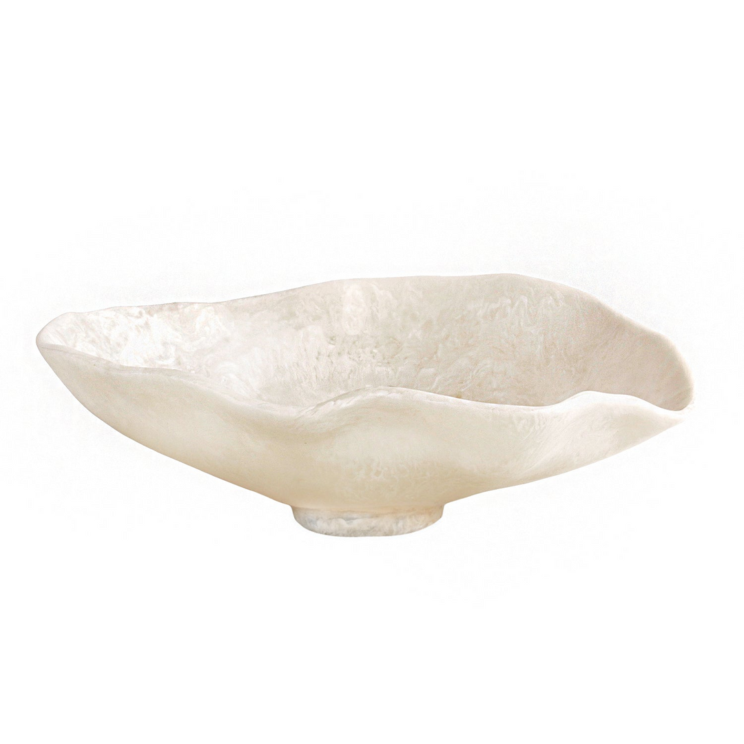 Large oval white swirl resin bowl with an organic, wavy rim and alabaster-inspired finish.
