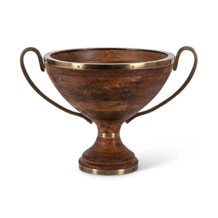 11.25 inch mango wood pedestal bowl with antique gold trim and trophy handles.