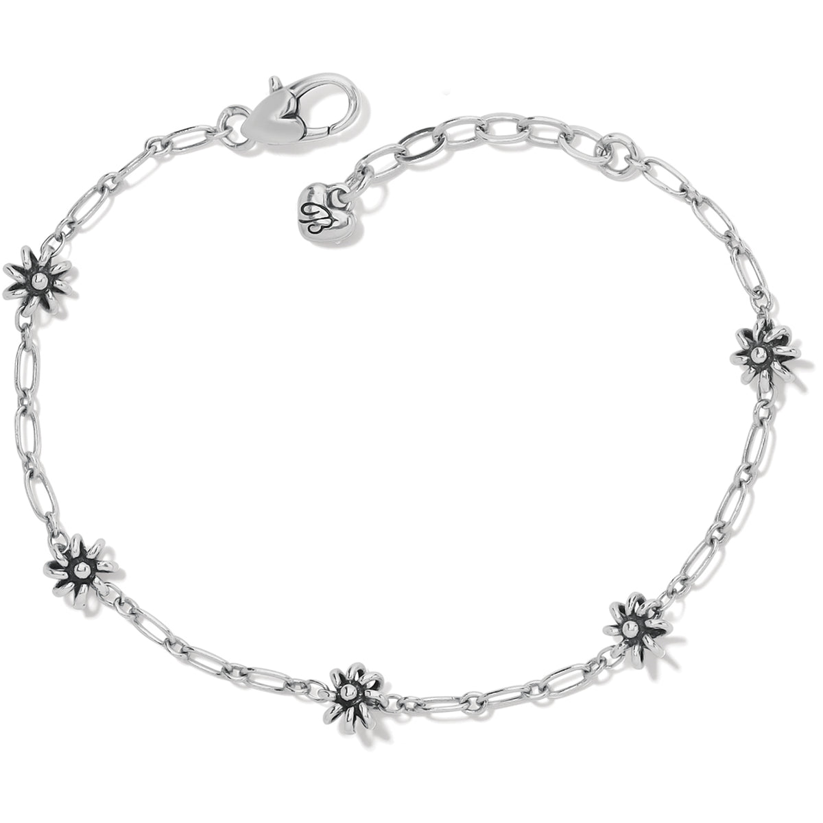 Silver plated Daisy Chain Anklet with five flower charms and a lobster claw closure.